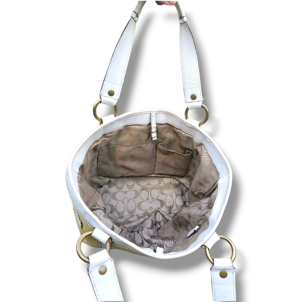 Coach Vintage Straw Tote Bag White Leather 113 Legacy Y2K Summer Shoulder Purse - Picture 5 of 11